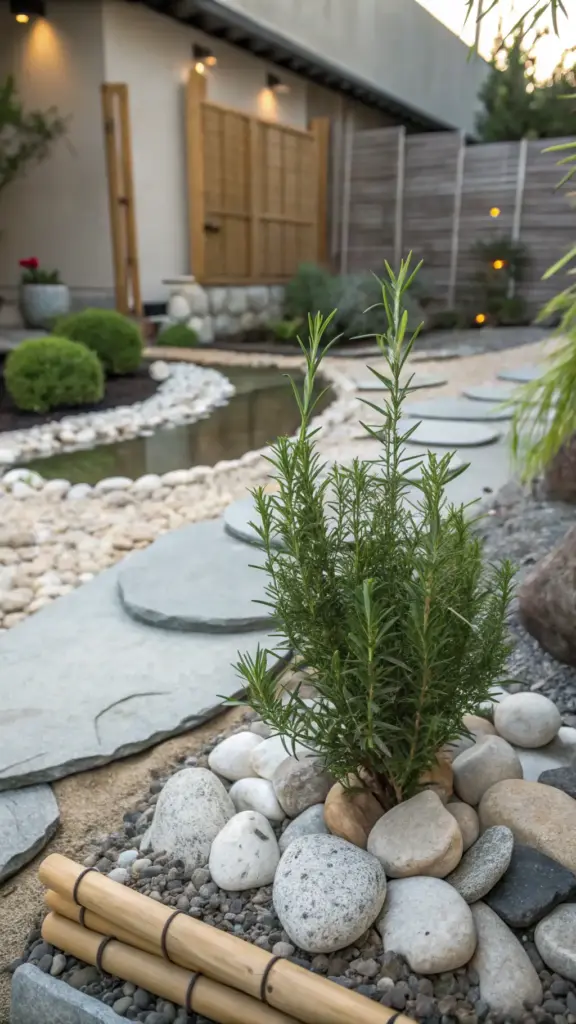 A beautiful Japanese-style Zen garden demonstrating one of the most creative ways to use rosemary in landscaping. A hardy rosemary plant provides textural contrast as it grows in a bed of sand, surrounded by smooth white and gray river stones and a small bamboo accent. The tranquil background, with its calm pond, stone path, and bamboo fence, shows how rosemary's aromatic and visual properties can be used to enhance a serene and meditative garden design.