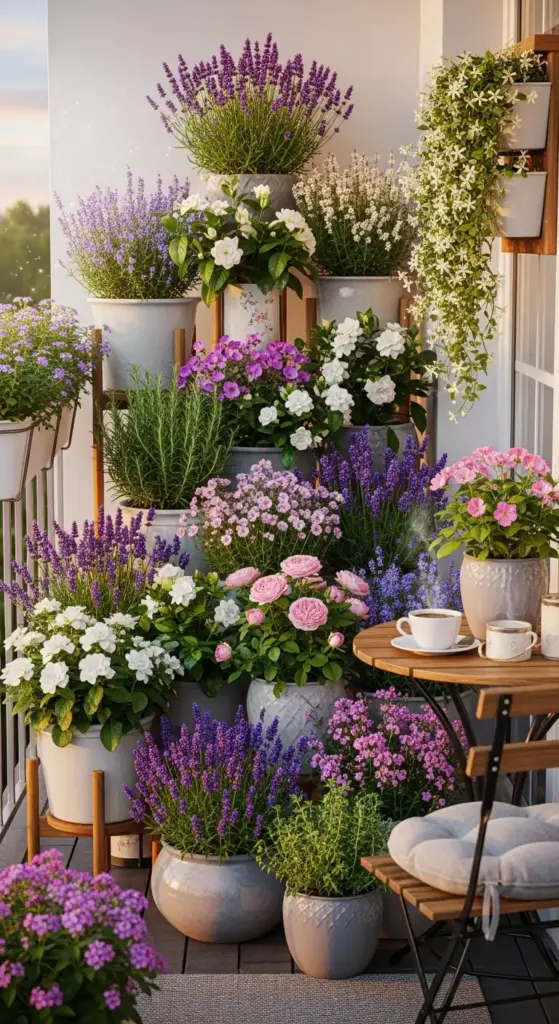 A stunning balcony garden bursting with various potted flowers, primarily lavender and white impatiens, arranged on tiered stands and along the railing, creating a vibrant and fragrant display that offers beautiful Backyard Privacy Ideas From Neighbors. A small wooden bistro table with two cups and a chair with a cushion suggests a cozy spot for relaxation amidst the blossoms.