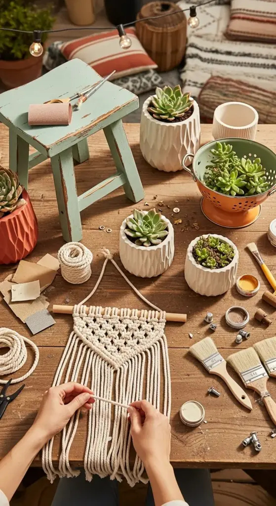 A top-down view of a rustic wooden table filled with crafting supplies and succulent plants, illustrating a DIY approach to Boho Patio Ideas Outdoor Spaces. Hands are actively working on a macrame wall hanging, surrounded by various potted succulents, a mint green wooden stool, paintbrushes, small pots of paint, and rolls of twine, suggesting a creative and hands-on outdoor decorating project.