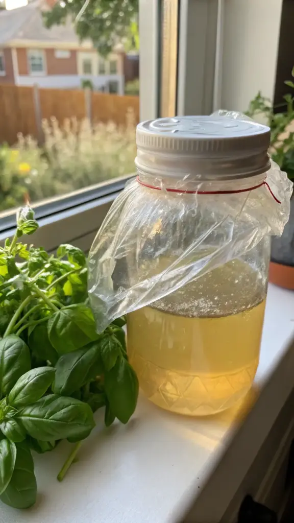 A simple DIY gnat trap, designed to catch gnats in house plants, sits on a windowsill next to fresh basil cuttings. The trap consists of a glass jar filled with a yellow apple cider vinegar solution and is covered with clear plastic wrap secured by a red band, likely with small holes for gnats to enter.