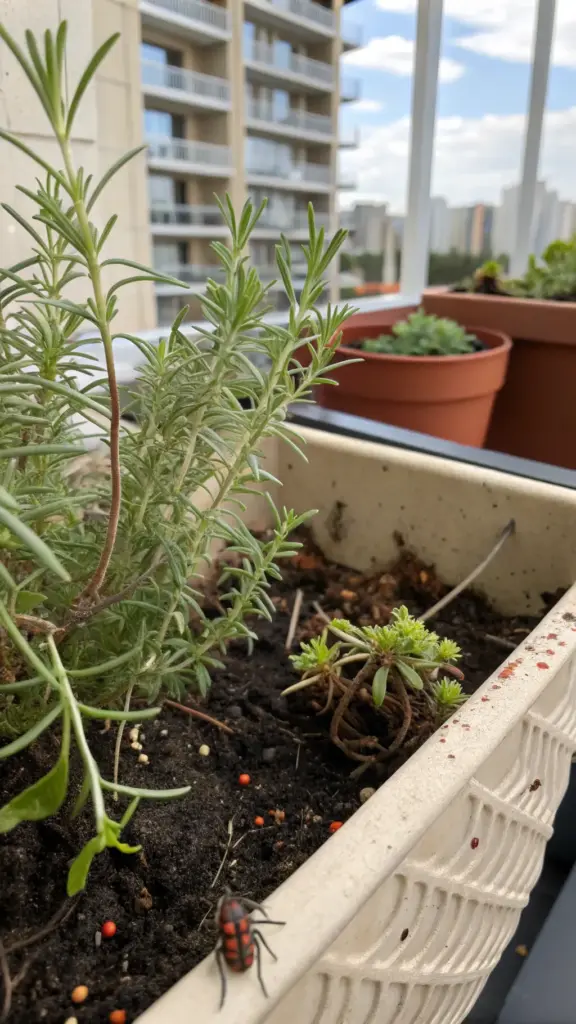 A close-up image showing a red and black bug on the edge of a white container where a rosemary plant is growing, highlighting a potential pest issue. This visual is an important part of a guide on how to grow rosemary in a pot, as it addresses the topic of identifying and managing common pests and diseases to keep your balcony or patio herbs healthy. The setting is an urban balcony with high-rise buildings in the background.