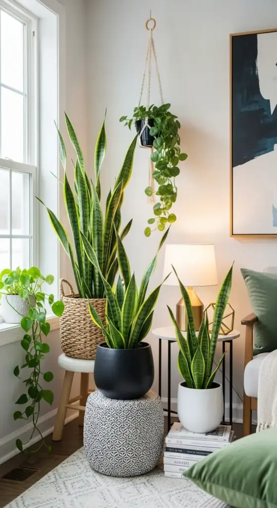 A beautifully styled living room corner demonstrating how the results of proper Snake Plant Care enhance home decor. Several healthy snake plants of various sizes are arranged at different heights in chic pots, a wicker basket, and alongside a macrame hanging planter to create a lush, green, and modern look.