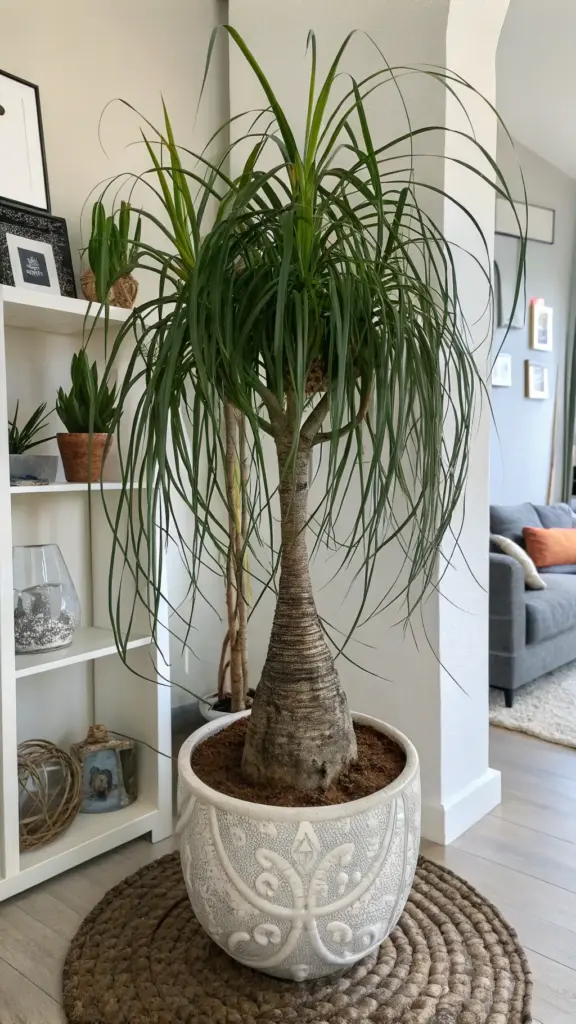 A large, healthy Ponytail Palm (Beaucarnea recurvata) with its distinctive swollen trunk and a cascade of long, thin green leaves, serves as a stunning statement piece. The plant is potted in an ornate, white ceramic planter with a decorative pattern, which sits on a circular woven jute rug. This image is a perfect example of stylish indoor plants decor living room, with a modern white shelving unit displaying other small plants and decorative items to the left, and a comfortable grey sofa visible in the background of the living space.