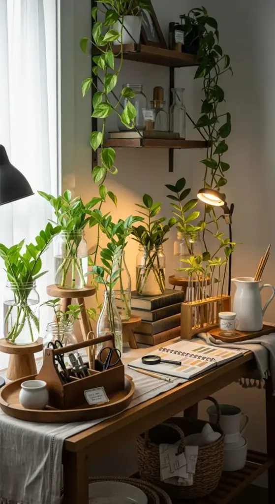An organized and well-lit propagation station dedicated to ZZ Plant Propagation, featuring numerous ZZ cuttings rooting in various glass jars, vases, and test tubes filled with water on a wooden desk.