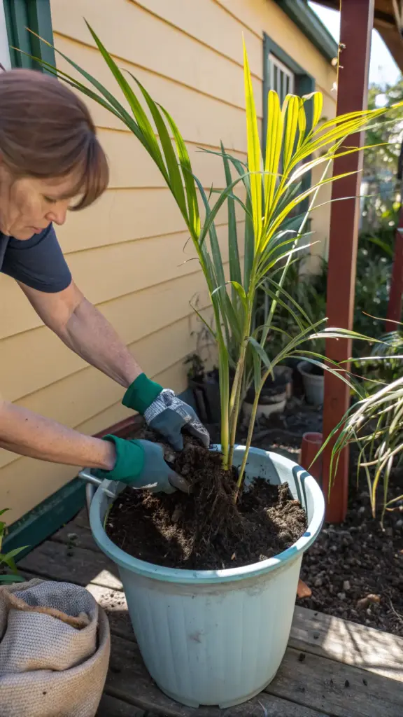 A person, likely a woman, wearing green gardening gloves is carefully repotting a lush palm plant (possibly an Areca or Ravenea palm) into a large, light blue container outdoors. She uses a small trowel to add fresh potting soil, an essential step for a 'fresh start' that also helps eliminate gnats in house plants by removing old, larvae-infested soil.