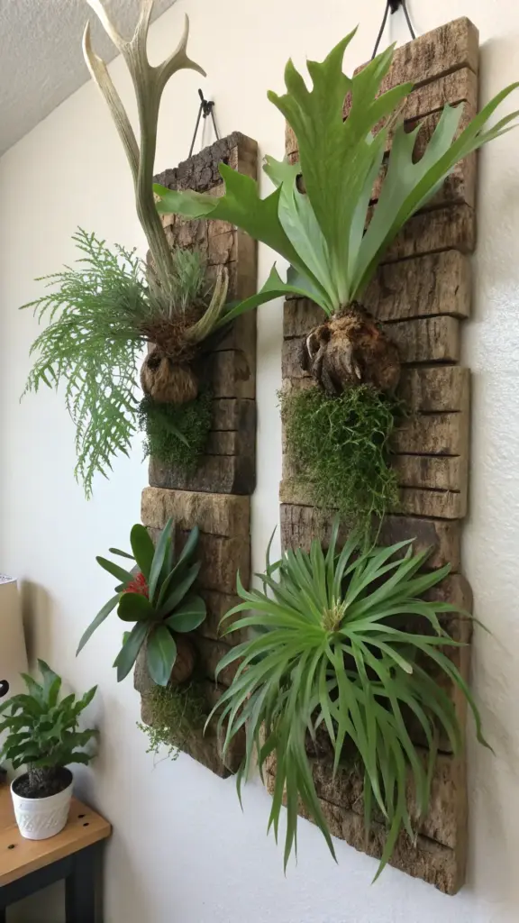 Artistic wall-mounted plant arrangements in a house with plants, featuring staghorn ferns, bromeliads, and other greenery creatively displayed on textured bark panels. A deer antler incorporates a unique natural element into one of the vertical gardens, showcasing an innovative way to bring nature indoors. A small potted plant on a nearby table complements the display.