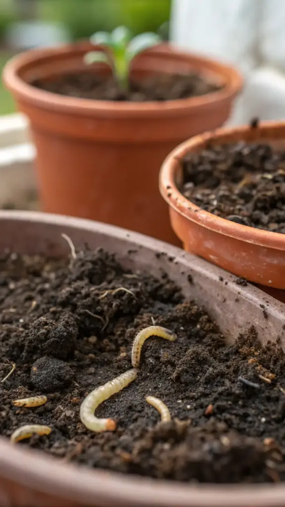 Close-up of several small, light-colored larvae, likely fungus gnat larvae, crawling on the surface of dark, moist soil in a terracotta-colored plant pot. These soil-dwelling pests are a common cause of gnats in house plants and represent a key target for biological control methods like beneficial nematodes. Another potted seedling is visible in the background.