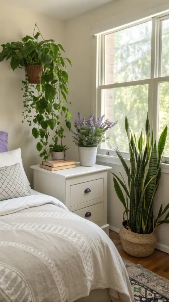 Peaceful bedroom sanctuary in a house with plants, featuring a cozy bed with light-colored linens next to a white nightstand adorned with books and potted plants, including one with purple flowers. A lush hanging plant cascades above, and a tall snake plant in a woven basket sits by the sunlit window, creating a tranquil and green sleeping space.