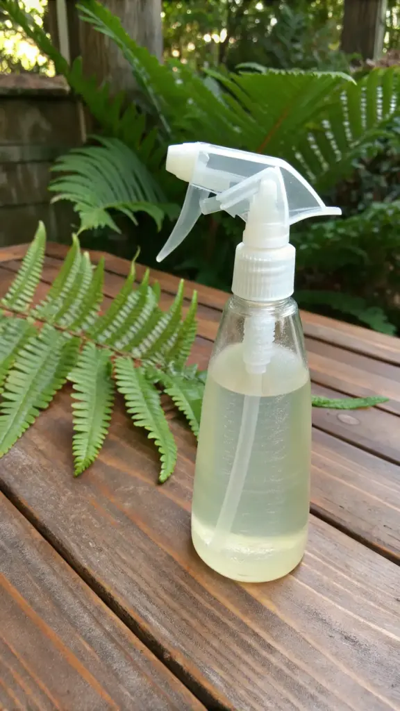 A clear plastic spray bottle filled with a light soap solution sits on a rustic wooden table outdoors, next to a lush green fern frond. This homemade 'quick surface spray' is a gentle option sometimes used to help manage adult gnats in house plants or to clean plant leaves.