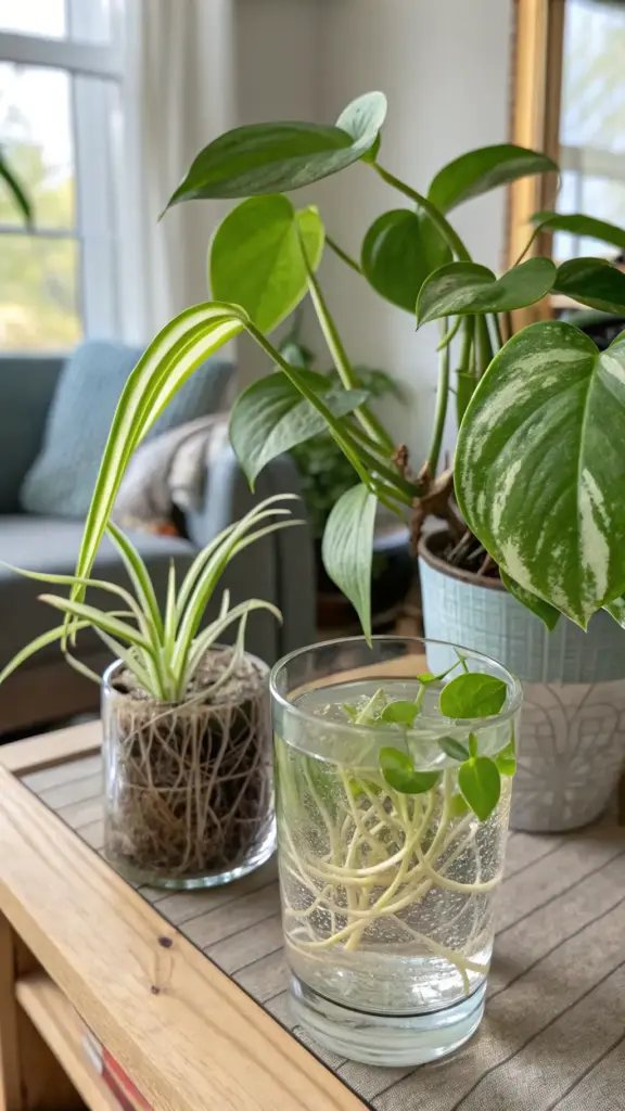 Close-up of a plant propagation station in a cozy house with plants, showcasing a spider plantlet with visible roots in a glass jar and cuttings rooting in a glass of water. In the background, a larger potted plant and a sunlit living area emphasize a home environment dedicated to nurturing and growing new greenery.