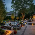 A stunning backyard patio with multiple levels and seating areas, showcasing beautiful landscaping and strategic lighting at dusk. The keyword "Backyard Patio Designs" is integrated into the description to highlight the luxurious and functional outdoor living space, featuring paved walkways, a fire pit, and comfortable patio furniture.