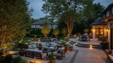 A stunning backyard patio with multiple levels and seating areas, showcasing beautiful landscaping and strategic lighting at dusk. The keyword "Backyard Patio Designs" is integrated into the description to highlight the luxurious and functional outdoor living space, featuring paved walkways, a fire pit, and comfortable patio furniture.