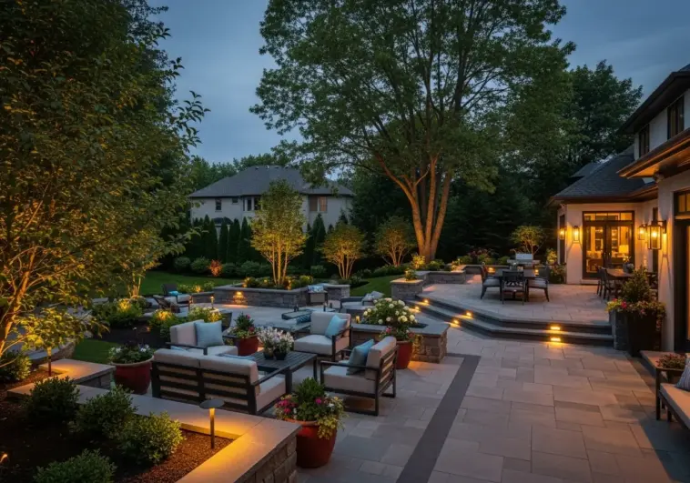 A stunning backyard patio with multiple levels and seating areas, showcasing beautiful landscaping and strategic lighting at dusk. The keyword "Backyard Patio Designs" is integrated into the description to highlight the luxurious and functional outdoor living space, featuring paved walkways, a fire pit, and comfortable patio furniture.