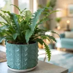 Vibrant blue star fern with distinctive wavy, blue-green fronds, thriving in a decorative teal pot on a light-colored table in a brightly lit indoor living space. This image perfectly illustrates the beauty of Growing Blue Star Ferns Indoors as a stunning and low-maintenance houseplant.