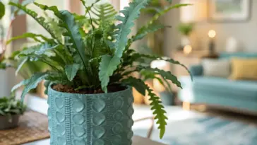 Vibrant blue star fern with distinctive wavy, blue-green fronds, thriving in a decorative teal pot on a light-colored table in a brightly lit indoor living space. This image perfectly illustrates the beauty of Growing Blue Star Ferns Indoors as a stunning and low-maintenance houseplant.