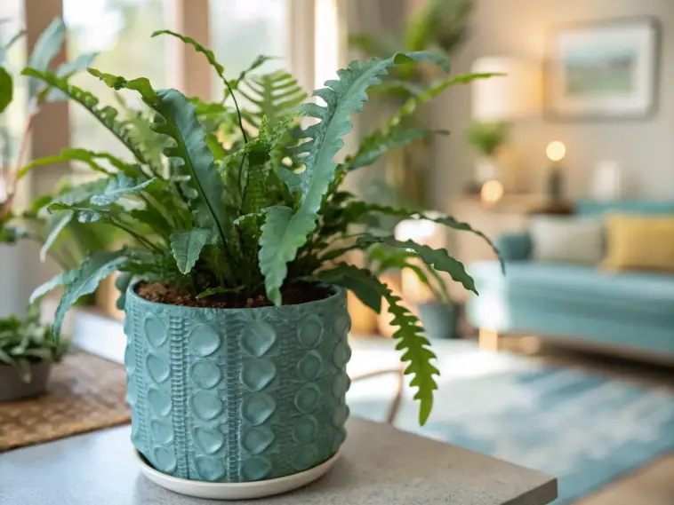 Vibrant blue star fern with distinctive wavy, blue-green fronds, thriving in a decorative teal pot on a light-colored table in a brightly lit indoor living space. This image perfectly illustrates the beauty of Growing Blue Star Ferns Indoors as a stunning and low-maintenance houseplant.