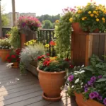 A vibrant collection of **full sun planter ideas** on a wooden deck, featuring terracotta pots and wooden planters overflowing with colorful flowers like yellow marigolds, red geraniums, purple petunias, and various green foliage, set against a sunny outdoor backdrop with distant buildings and trees.