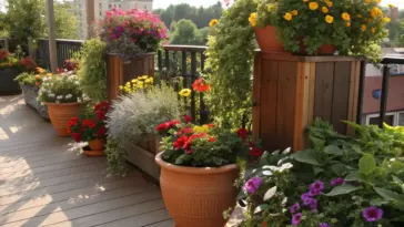 A vibrant collection of **full sun planter ideas** on a wooden deck, featuring terracotta pots and wooden planters overflowing with colorful flowers like yellow marigolds, red geraniums, purple petunias, and various green foliage, set against a sunny outdoor backdrop with distant buildings and trees.