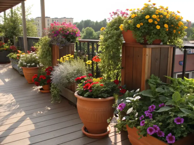 A vibrant collection of **full sun planter ideas** on a wooden deck, featuring terracotta pots and wooden planters overflowing with colorful flowers like yellow marigolds, red geraniums, purple petunias, and various green foliage, set against a sunny outdoor backdrop with distant buildings and trees.