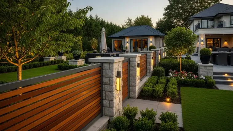 A beautifully landscaped backyard at dusk, featuring a modern garden fence with horizontal wooden slats and elegant stone pillars. The fence posts are adorned with illuminated sconces, and the pathway is lit with ground-level lights, showcasing appealing "Garden Fence Ideas."