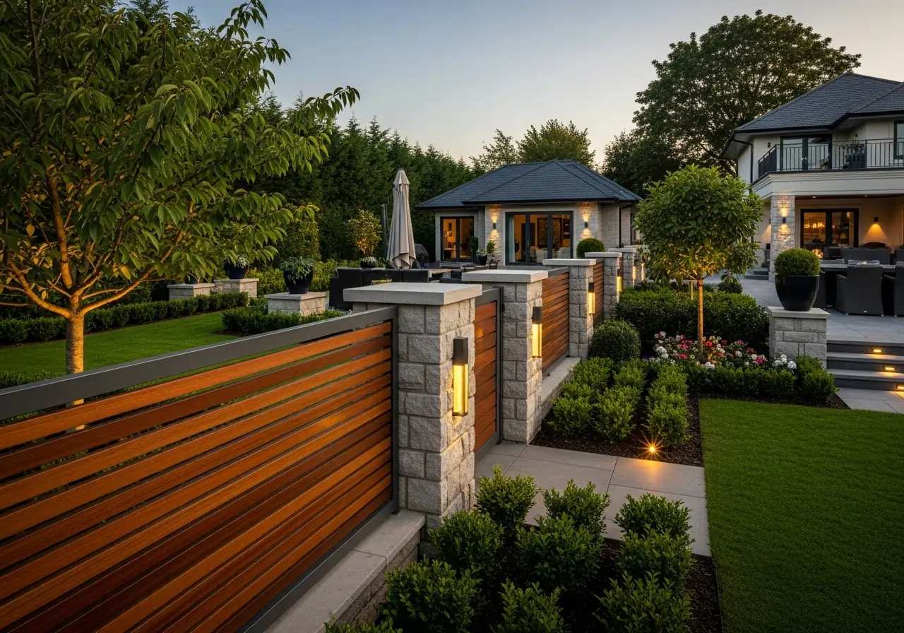 A beautifully landscaped backyard at dusk, featuring a modern garden fence with horizontal wooden slats and elegant stone pillars. The fence posts are adorned with illuminated sconces, and the pathway is lit with ground-level lights, showcasing appealing "Garden Fence Ideas."