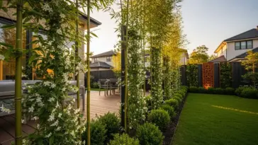 Lush, modern backyard with a wooden deck and a privacy fence. The fence is composed of tall bamboo stalks covered in climbing white flowers, small manicured shrubs, and a slatted black fence with a decorative rusted metal panel featuring a cutout geometric pattern. The keyword "Privacy Fence Ideas" is highlighted in the description.