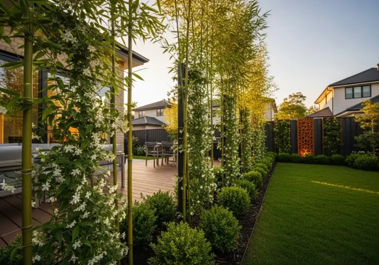 Lush, modern backyard with a wooden deck and a privacy fence. The fence is composed of tall bamboo stalks covered in climbing white flowers, small manicured shrubs, and a slatted black fence with a decorative rusted metal panel featuring a cutout geometric pattern. The keyword "Privacy Fence Ideas" is highlighted in the description.