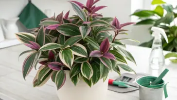 A vibrant potted Tradescantia Nanouk plant with striking pink, green, and white variegated leaves sits on a light-colored countertop, illustrating essential aspects of Tradescantia Nanouk Care.