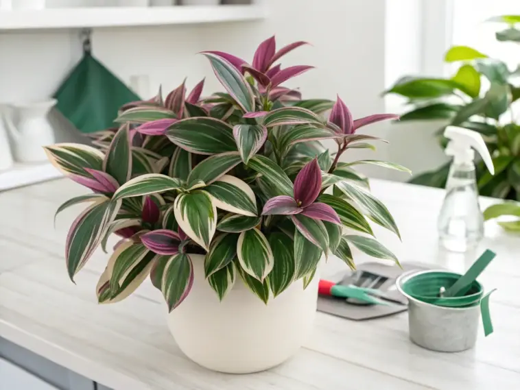 A vibrant potted Tradescantia Nanouk plant with striking pink, green, and white variegated leaves sits on a light-colored countertop, illustrating essential aspects of Tradescantia Nanouk Care.