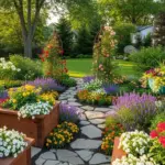 A lush backyard garden features a winding stone path, flanked by vibrant flower beds bursting with a variety of colorful blooms including red, pink, yellow, white, and purple flowers. Wooden planters overflow with blossoms, and two tall metal arbors support climbing roses. In the background, a manicured lawn leads to more trees and a house, showcasing creative flower garden ideas for a beautiful outdoor space.