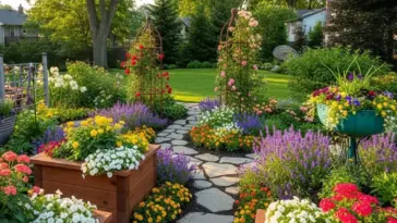A lush backyard garden features a winding stone path, flanked by vibrant flower beds bursting with a variety of colorful blooms including red, pink, yellow, white, and purple flowers. Wooden planters overflow with blossoms, and two tall metal arbors support climbing roses. In the background, a manicured lawn leads to more trees and a house, showcasing creative flower garden ideas for a beautiful outdoor space.