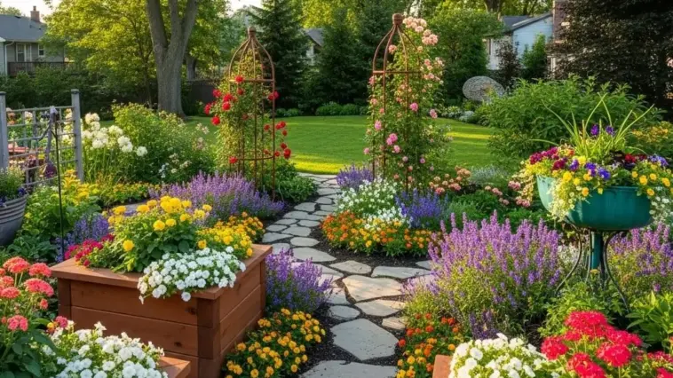 A lush backyard garden features a winding stone path, flanked by vibrant flower beds bursting with a variety of colorful blooms including red, pink, yellow, white, and purple flowers. Wooden planters overflow with blossoms, and two tall metal arbors support climbing roses. In the background, a manicured lawn leads to more trees and a house, showcasing creative flower garden ideas for a beautiful outdoor space.