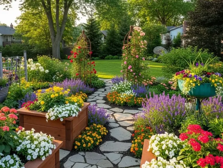 A lush backyard garden features a winding stone path, flanked by vibrant flower beds bursting with a variety of colorful blooms including red, pink, yellow, white, and purple flowers. Wooden planters overflow with blossoms, and two tall metal arbors support climbing roses. In the background, a manicured lawn leads to more trees and a house, showcasing creative flower garden ideas for a beautiful outdoor space.