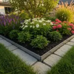 Beautiful garden bed with neatly trimmed grass and a variety of colorful flowers and plants, showcasing modern metal and stone garden edging ideas for a tidy landscape.