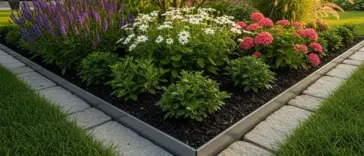 Beautiful garden bed with neatly trimmed grass and a variety of colorful flowers and plants, showcasing modern metal and stone garden edging ideas for a tidy landscape.