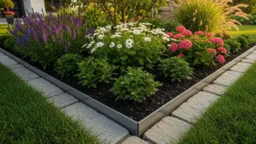 Beautiful garden bed with neatly trimmed grass and a variety of colorful flowers and plants, showcasing modern metal and stone garden edging ideas for a tidy landscape.