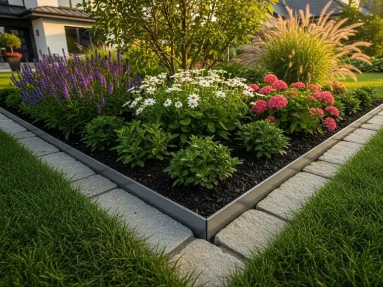 Beautiful garden bed with neatly trimmed grass and a variety of colorful flowers and plants, showcasing modern metal and stone garden edging ideas for a tidy landscape.