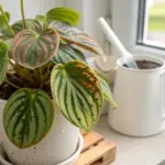 A Watermelon Peperomia plant in a white pot on a wooden tray, sitting on a windowsill with a white watering can nearby. The plant has distinctive green and silver striped leaves resembling watermelon rinds, and some leaves show slight browning. This image is relevant for "Watermelon Peperomia Care" guides.
