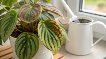 A Watermelon Peperomia plant in a white pot on a wooden tray, sitting on a windowsill with a white watering can nearby. The plant has distinctive green and silver striped leaves resembling watermelon rinds, and some leaves show slight browning. This image is relevant for "Watermelon Peperomia Care" guides.