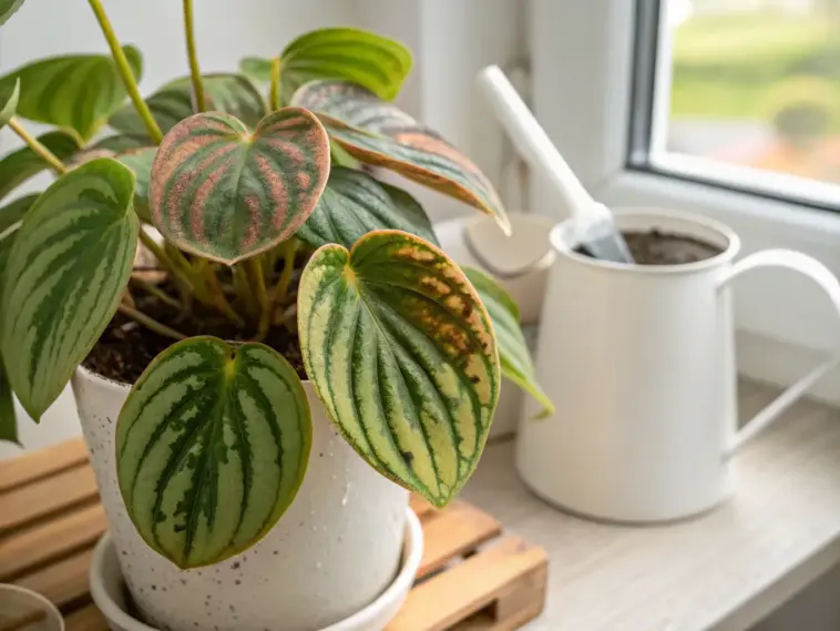 A Watermelon Peperomia plant in a white pot on a wooden tray, sitting on a windowsill with a white watering can nearby. The plant has distinctive green and silver striped leaves resembling watermelon rinds, and some leaves show slight browning. This image is relevant for "Watermelon Peperomia Care" guides.