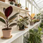 A bright greenhouse with multiple potted rubber plant varieties displayed on white shelves, showcasing their diverse leaf colors and sizes.