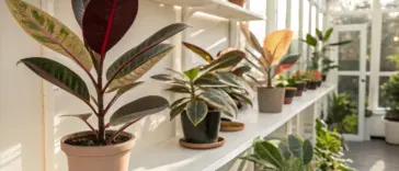 A bright greenhouse with multiple potted rubber plant varieties displayed on white shelves, showcasing their diverse leaf colors and sizes.