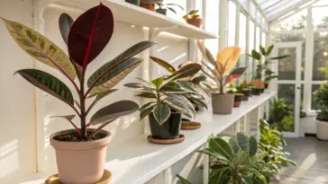 A bright greenhouse with multiple potted rubber plant varieties displayed on white shelves, showcasing their diverse leaf colors and sizes.