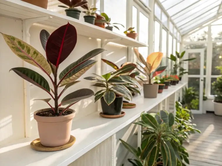A bright greenhouse with multiple potted rubber plant varieties displayed on white shelves, showcasing their diverse leaf colors and sizes.