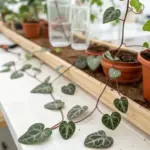 A close-up of a String Of Hearts propagation setup on a wooden workbench, showing cuttings with silver-patterned, heart-shaped leaves being planted in terracotta pots.