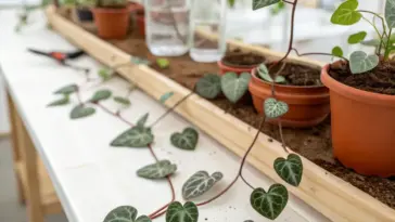 A close-up of a String Of Hearts propagation setup on a wooden workbench, showing cuttings with silver-patterned, heart-shaped leaves being planted in terracotta pots.
