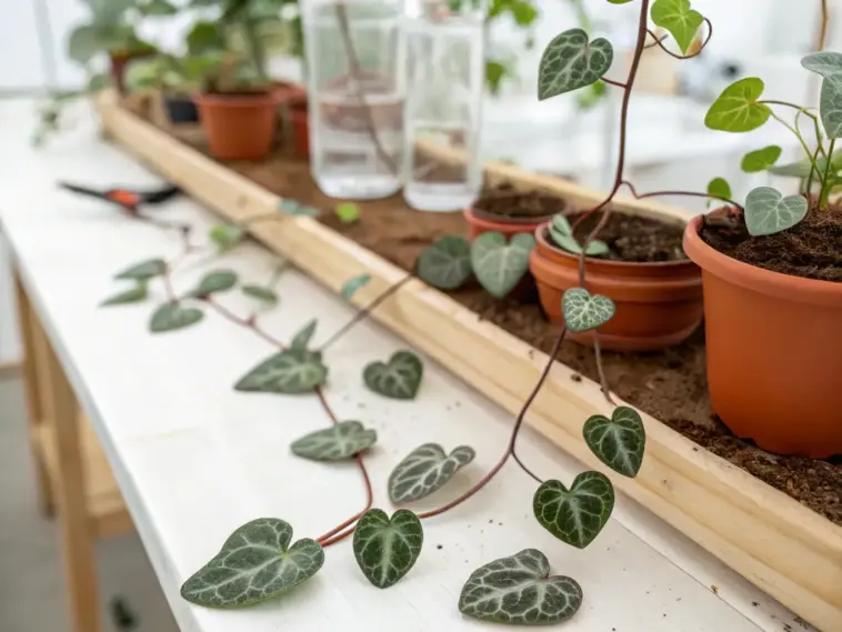 A close-up of a String Of Hearts propagation setup on a wooden workbench, showing cuttings with silver-patterned, heart-shaped leaves being planted in terracotta pots.