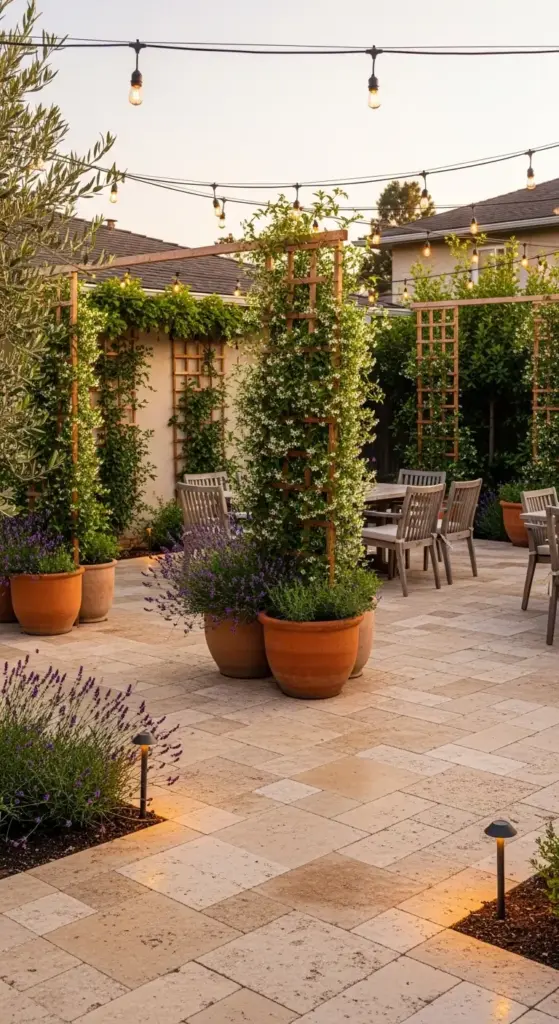 A charming and inviting backyard patio with a keyword-rich alt text. The image features a keyword "Backyard Patio Designs" and shows a paved patio area with potted plants, including flowering jasmine on trellises, lavender, and an olive tree. String lights hang overhead, illuminating a dining table and chairs in the background, creating an elegant and cozy atmosphere.