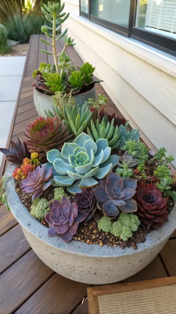 A concrete bowl planter on a wooden bench showcasing diverse succulents in various shades of green, blue, purple, and red, representing excellent full sun planter ideas for drought-tolerant gardening, with another smaller succulent planter visible in the background.