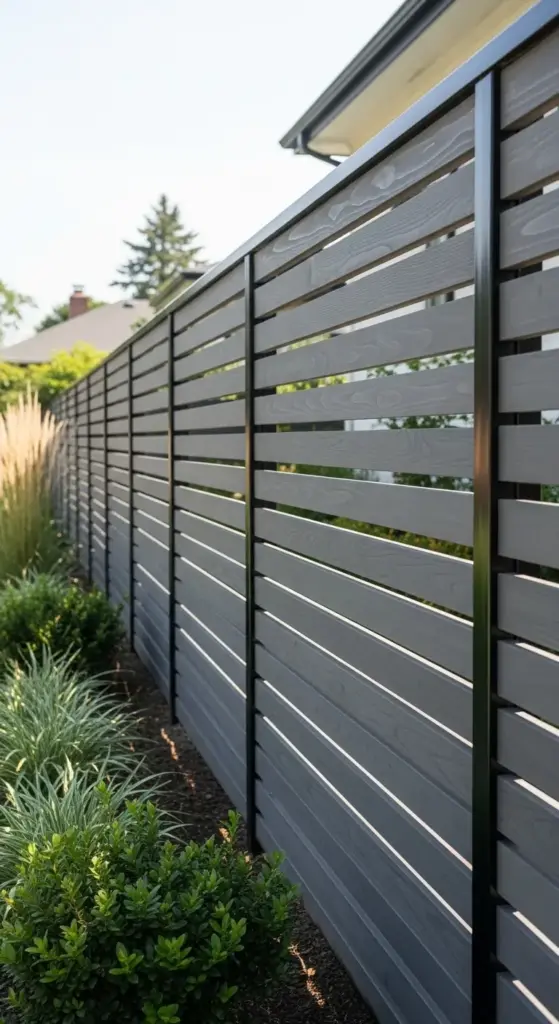 A modern garden fence featuring horizontal gray slats with black vertical posts, creating a sleek and contemporary boundary. Lush green shrubs and ornamental grasses are planted along the base of the fence, enhancing the landscape. This image showcases stylish "Garden Fence Ideas" for a contemporary yard.